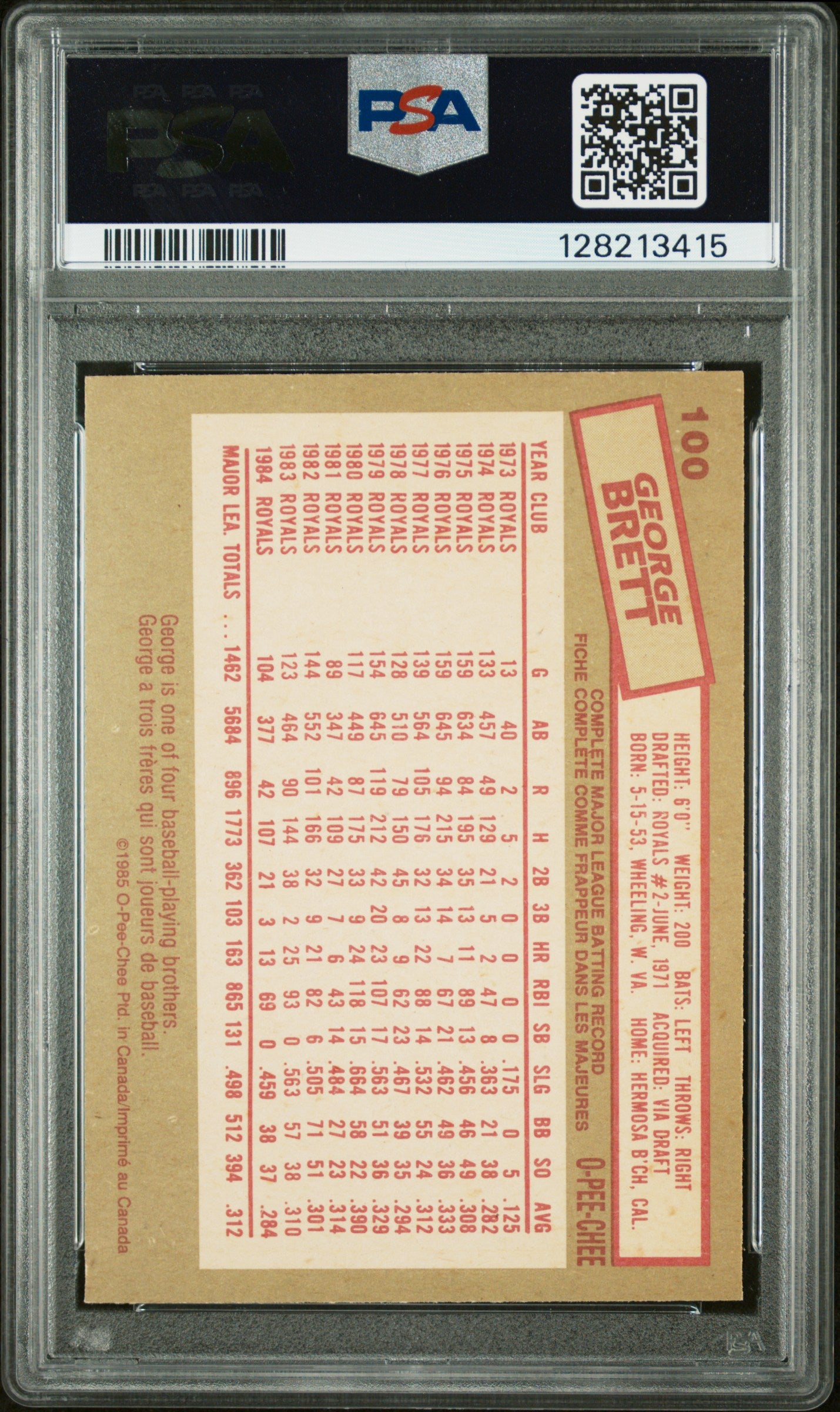 1985 O-PEE-CHEE 100 GEORGE BRETT - MINT 9