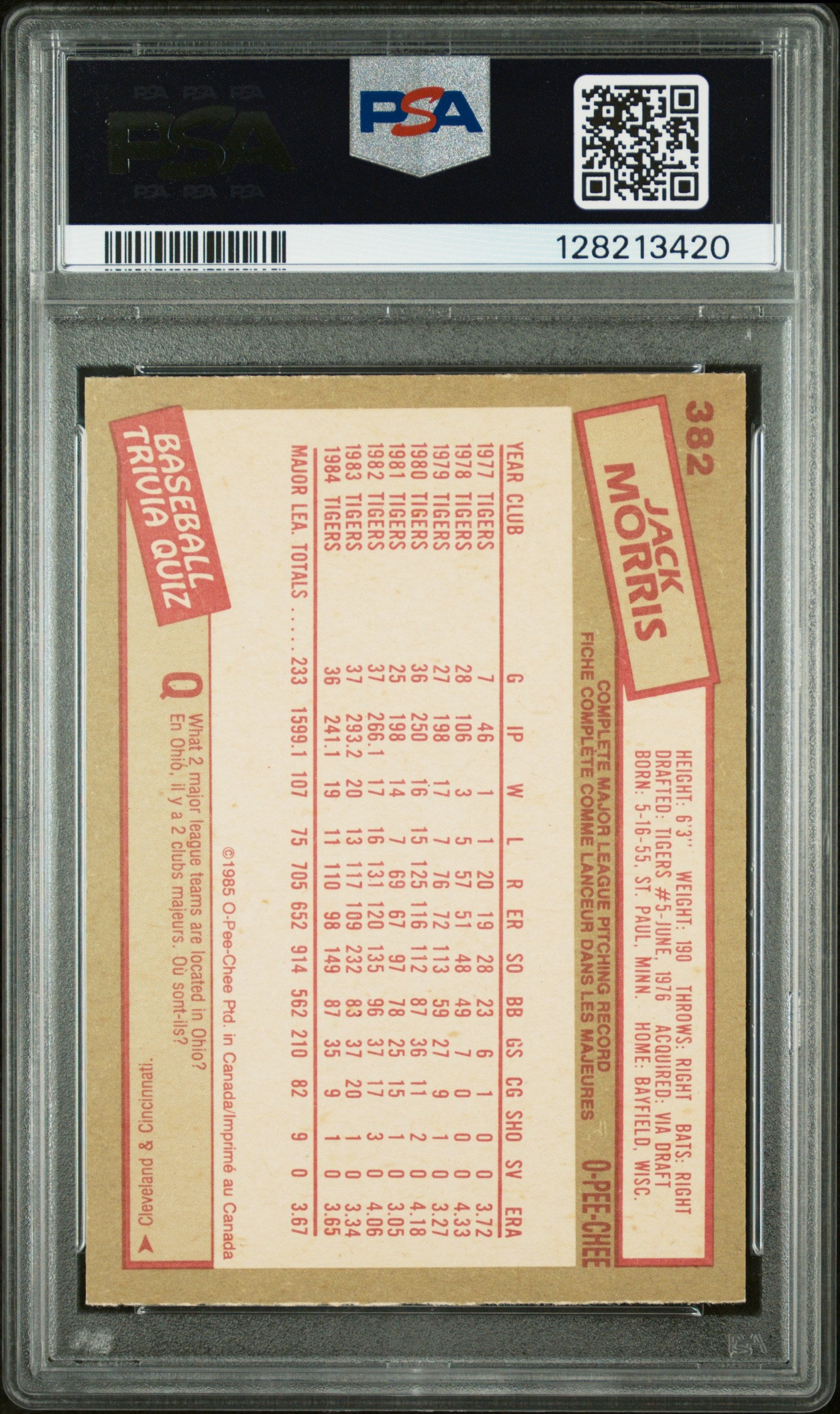 1985 O-PEE-CHEE 382 JACK MORRIS - NEAR MINT 7