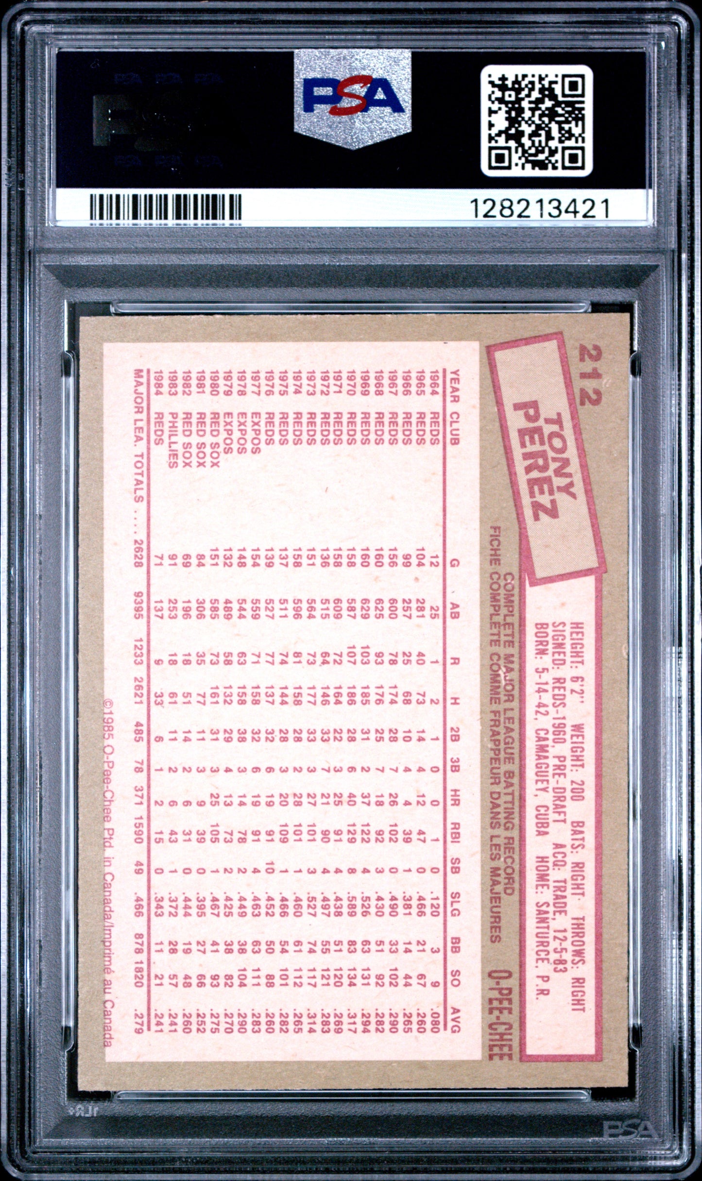 1985 O-PEE-CHEE 212 TONY PEREZ - MINT 9