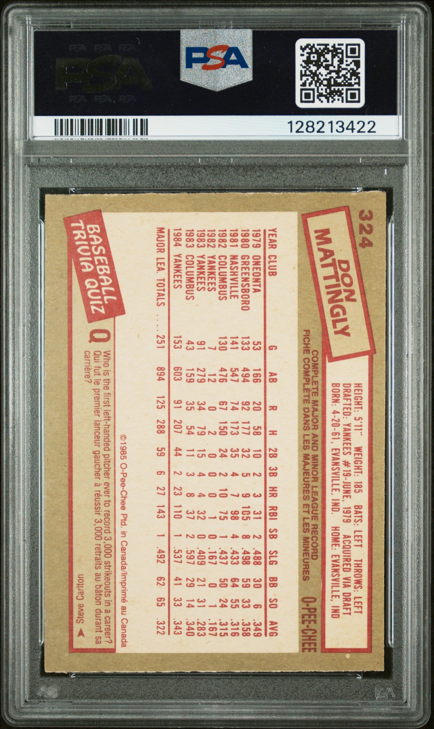 1985 O-PEE-CHEE 324 DON MATTINGLY - MINT 9