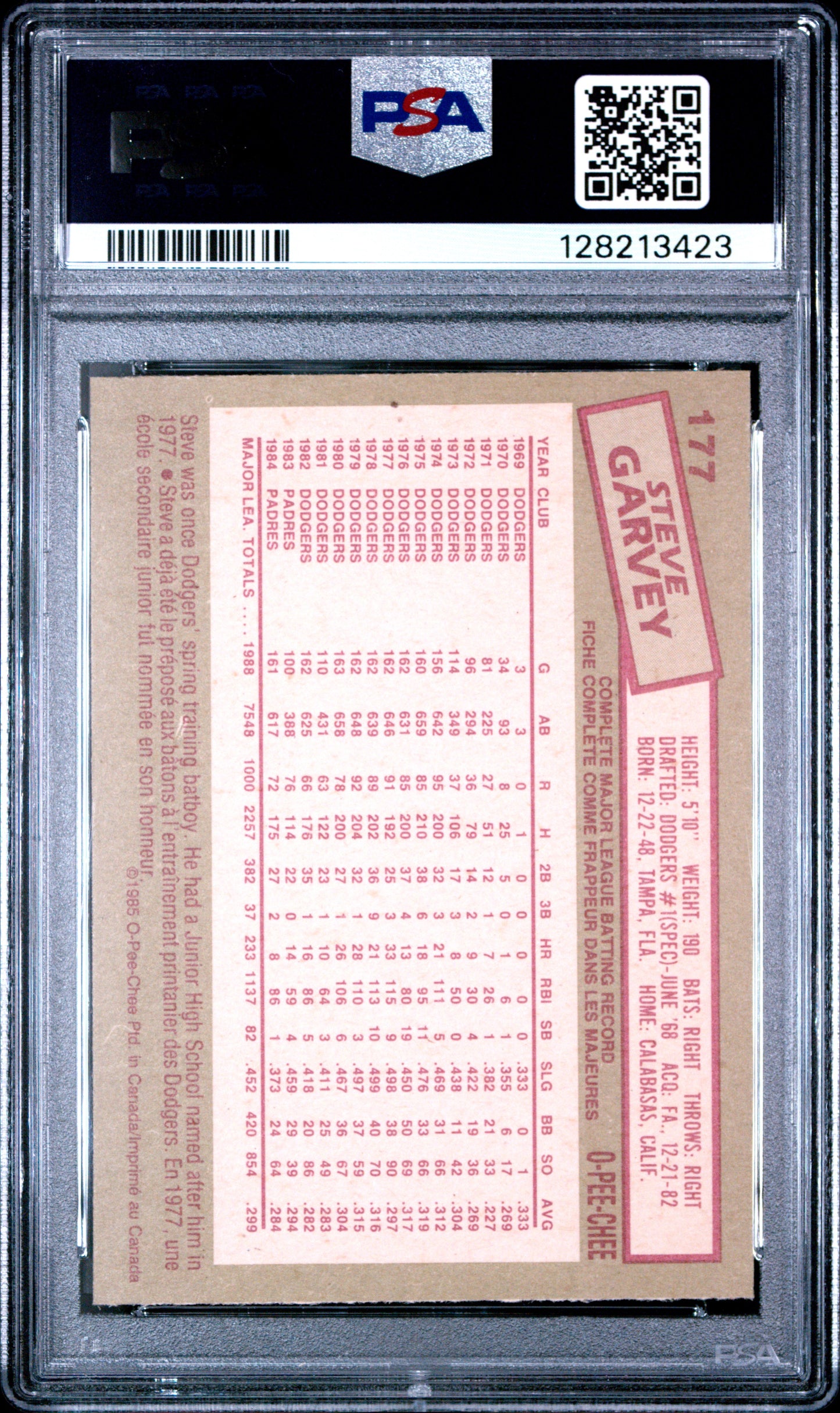 1985 O-PEE-CHEE 177 STEVE GARVEY - MINT 9