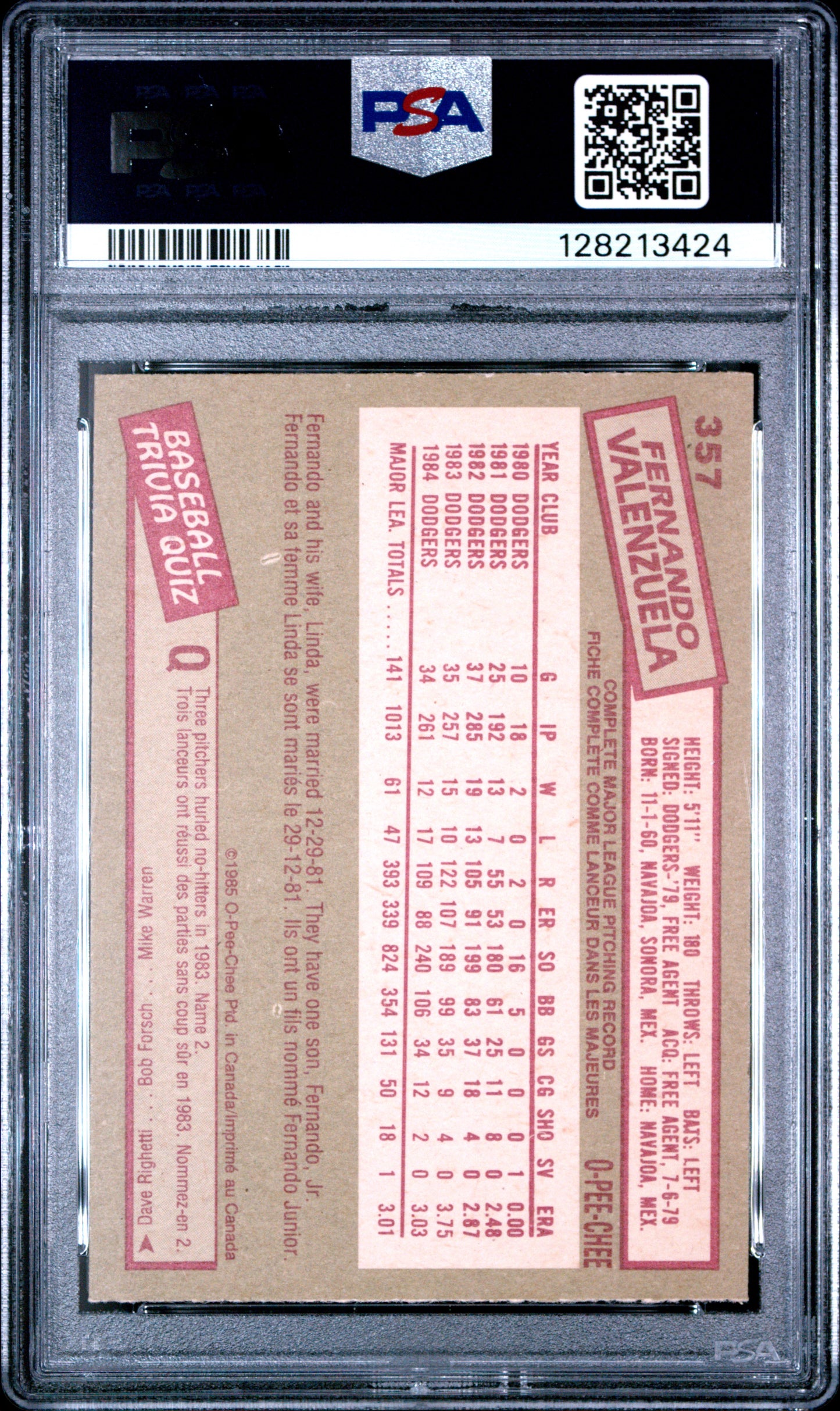 1985 O-PEE-CHEE 357 FERNANDO VALENZUELA - MINT 9