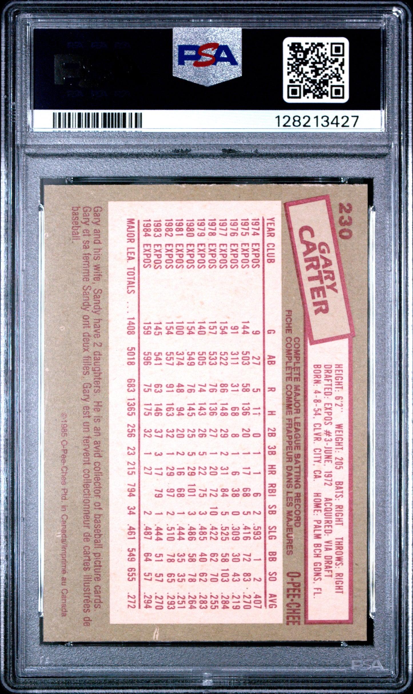 1985 O-PEE-CHEE 230 GARY CARTER - NEAR MINT-MINT+ 8.5