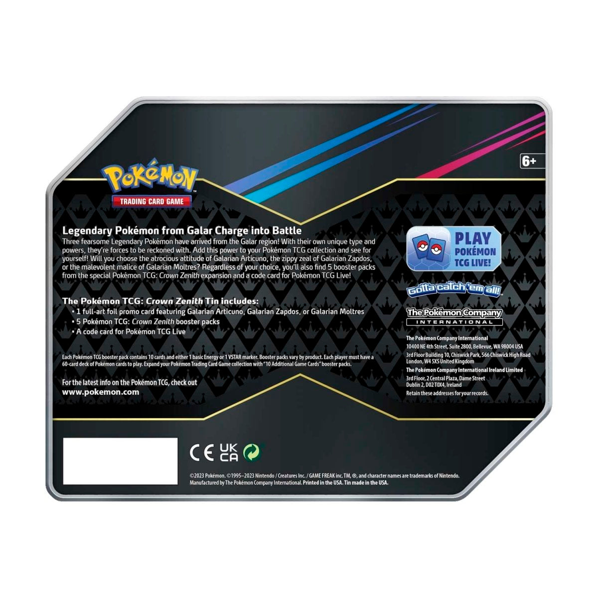 Galarian Zapdos: Pokémon TCG: Crown Zenith Tin - 5 Packs