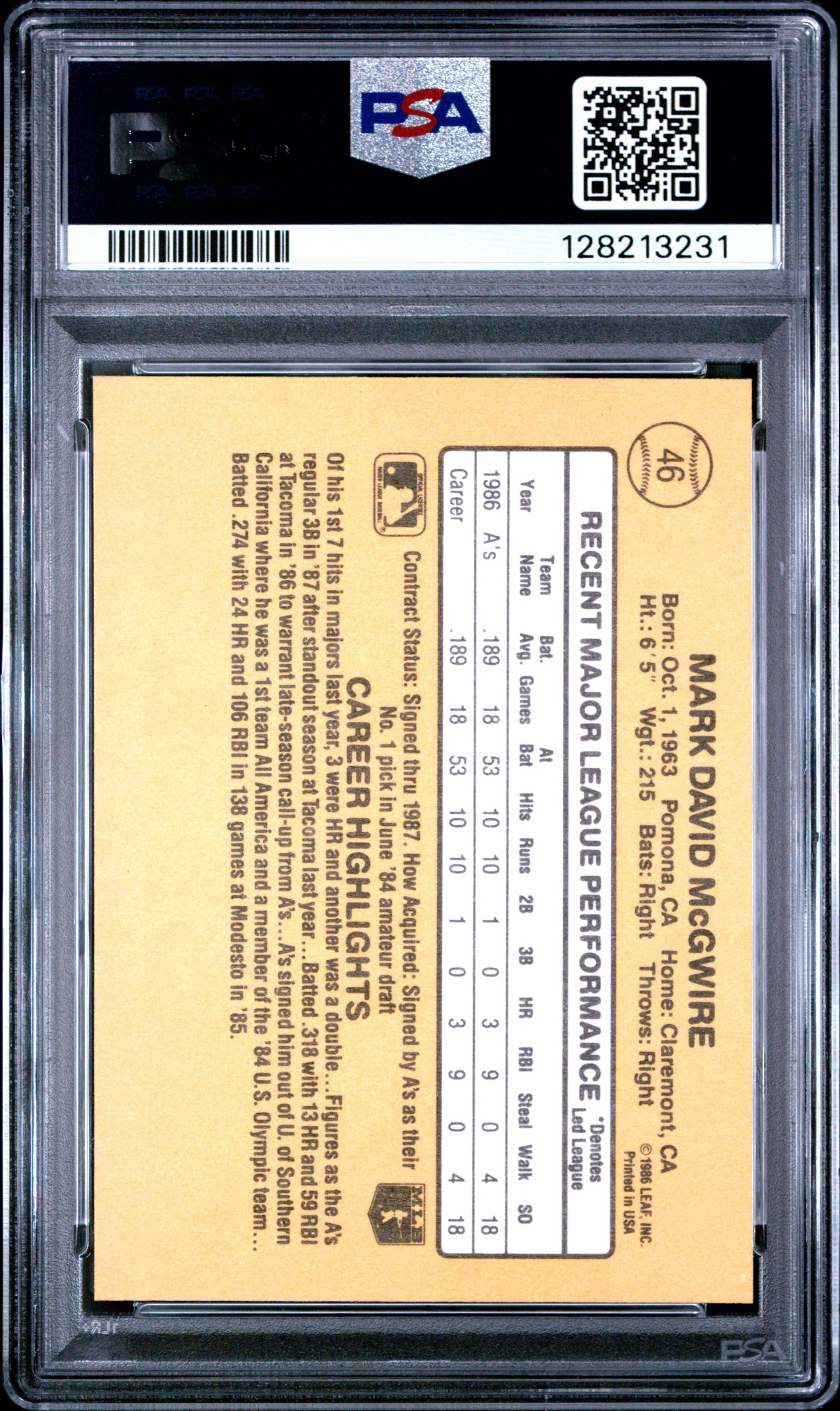 1987 DONRUSS 46 MARK McGWIRE - NEAR MINT-MINT 8