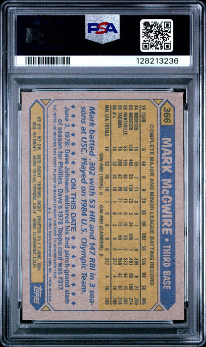1987 TOPPS 366 MARK McGWIRE  - VERY GOOD-EXCELLENT 4