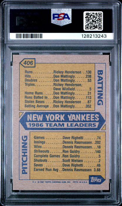 1987 TOPPS 406 YANKEES LEADERS  - GEM MINT 10