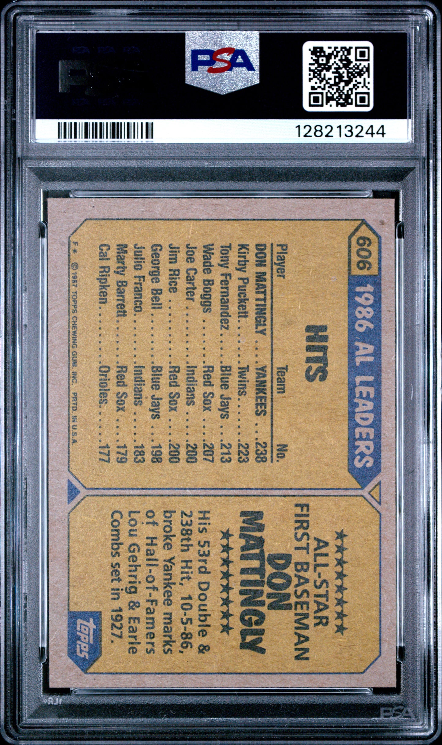 1987 TOPPS 606 DON MATTINGLY TRADEMARK ON FRONT - MINT 9