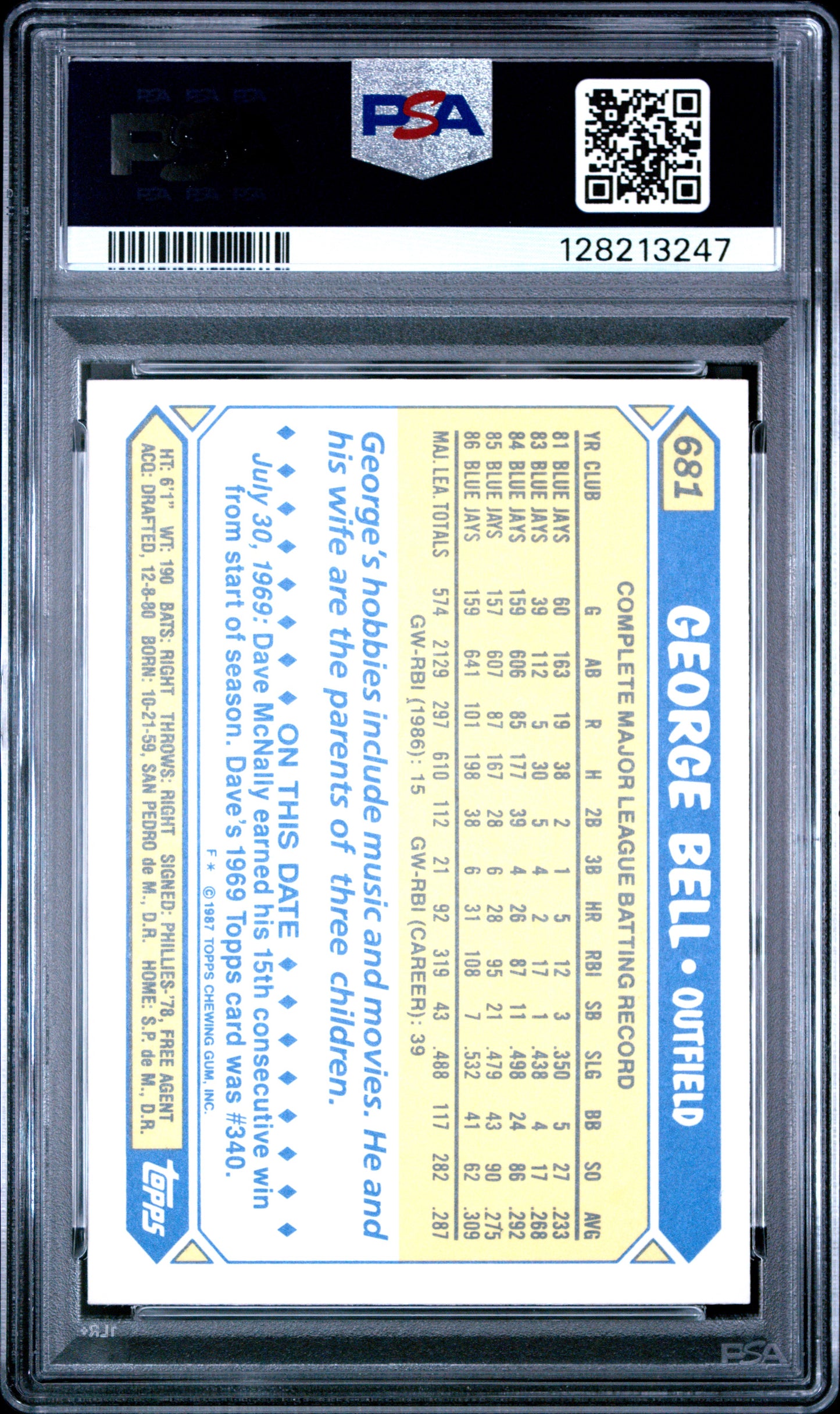 1987 TOPPS TIFFANY 681 GEORGE BELL  - NEAR MINT-MINT 8