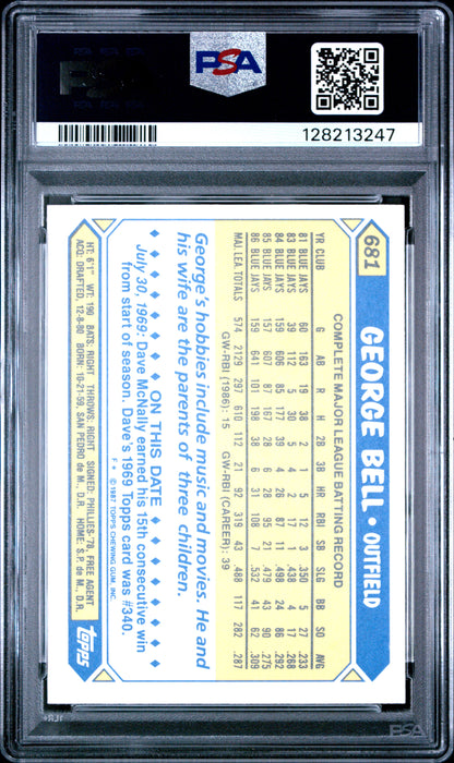 1987 TOPPS TIFFANY 681 GEORGE BELL  - NEAR MINT-MINT 8