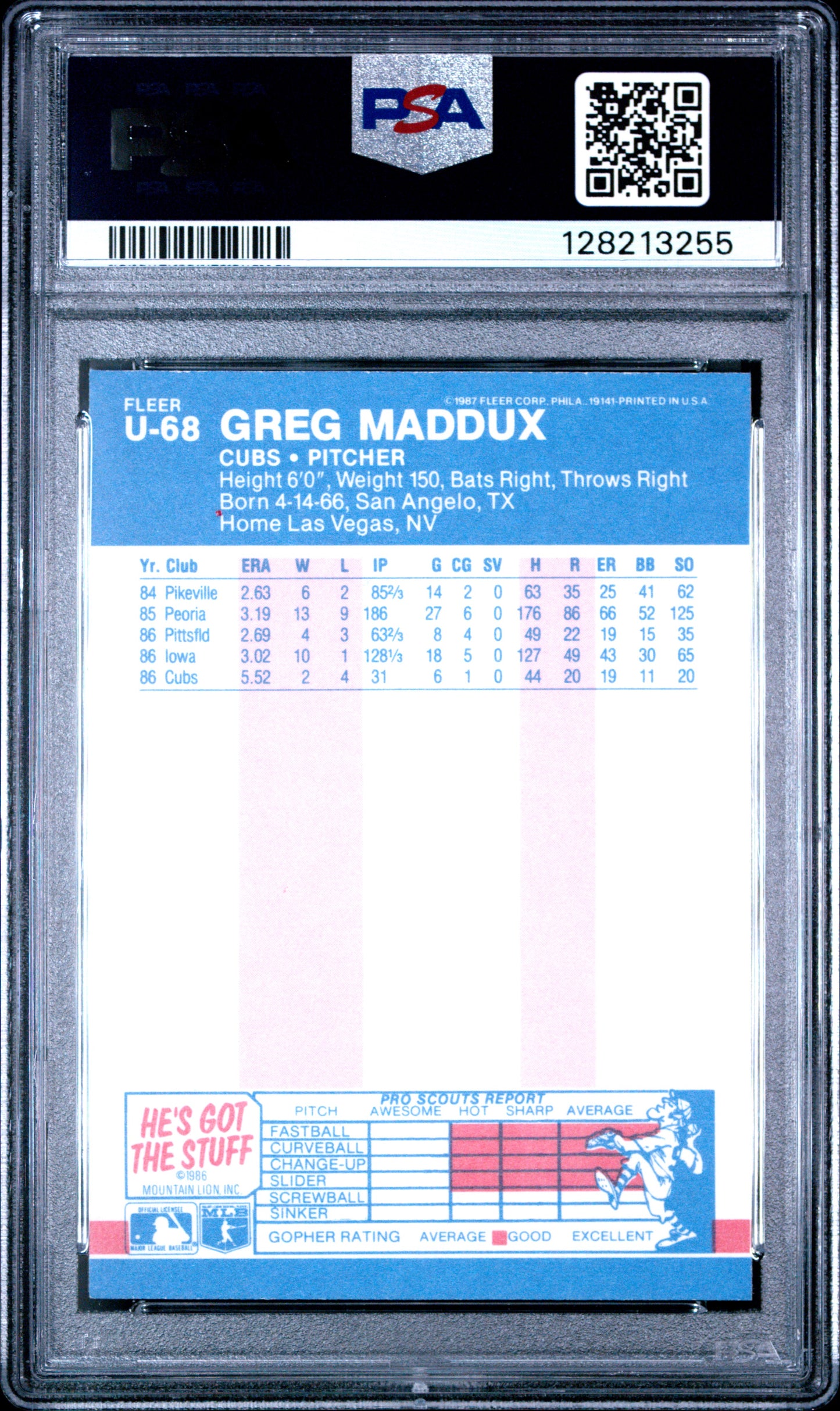 1987 FLEER UPDATE GLOSSY U-68 GREG MADDUX - MINT 9