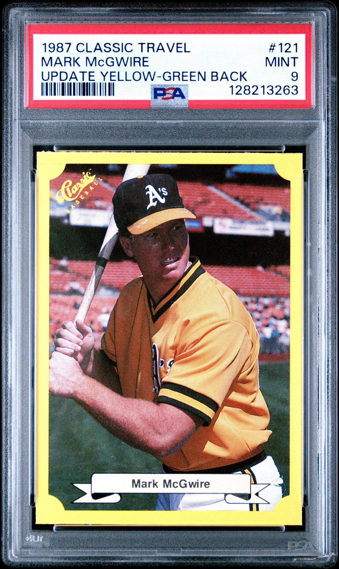 1987 CLASSIC TRAVEL UPDATE YELLOW 121 MARK McGWIRE GREEN BACK - MINT 9