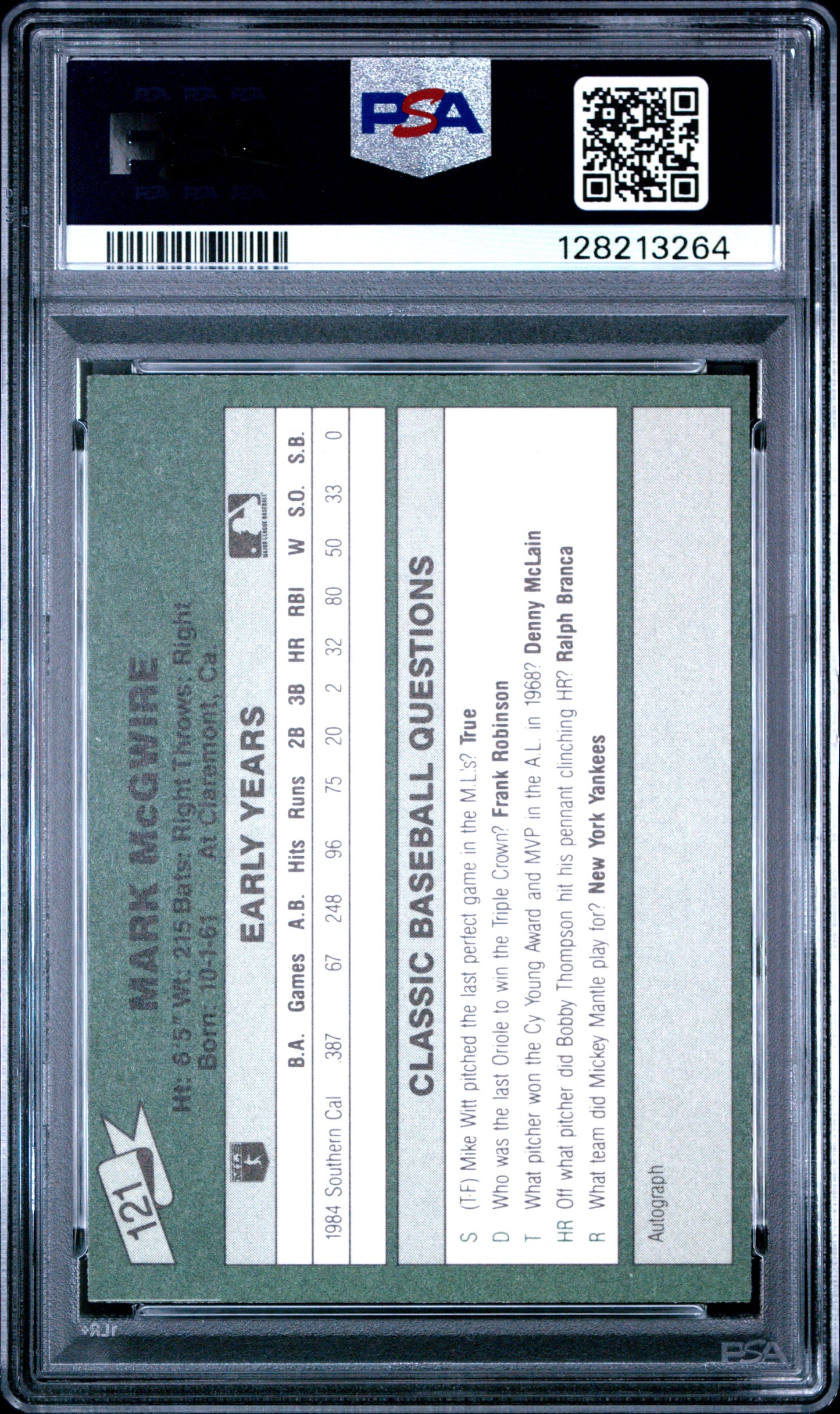 1987 CLASSIC TRAVEL UPDATE YELLOW 121 MARK McGWIRE GREEN BACK - MINT 9