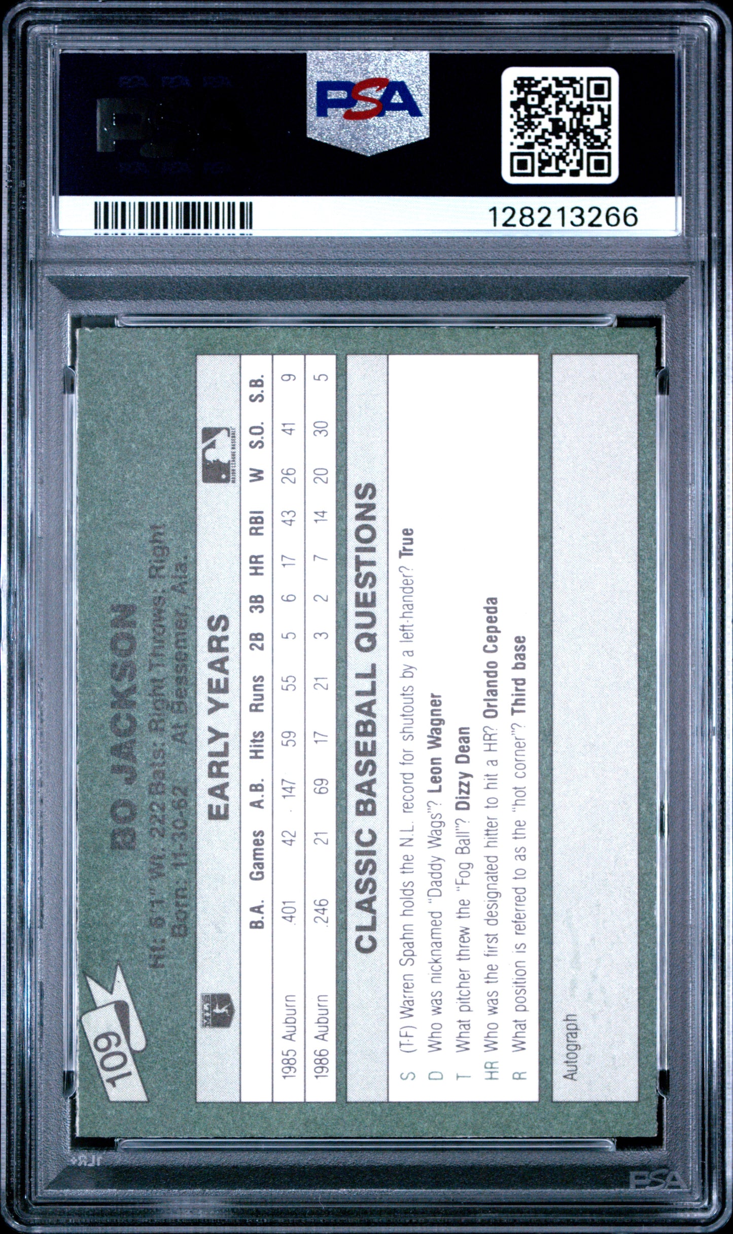 1987 CLASSIC TRAVEL UPDATE YELLOW 109 BO JACKSON GREEN BACK - NEAR MINT-MINT 8