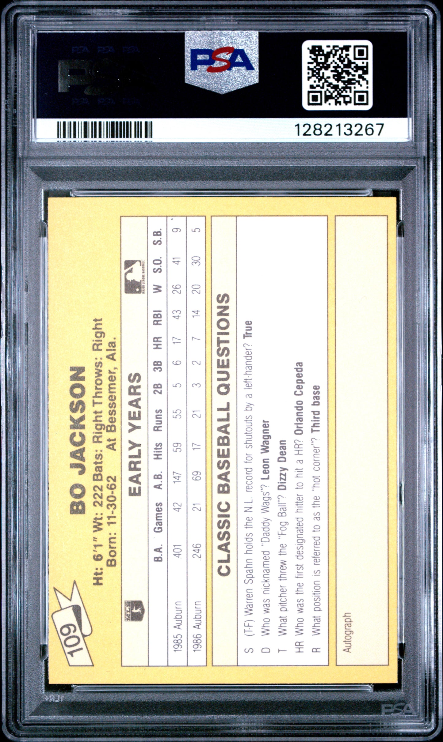 1987 CLASSIC TRAVEL UPDATE YELLOW 109 BO JACKSON YELLOW BACK - MINT 9