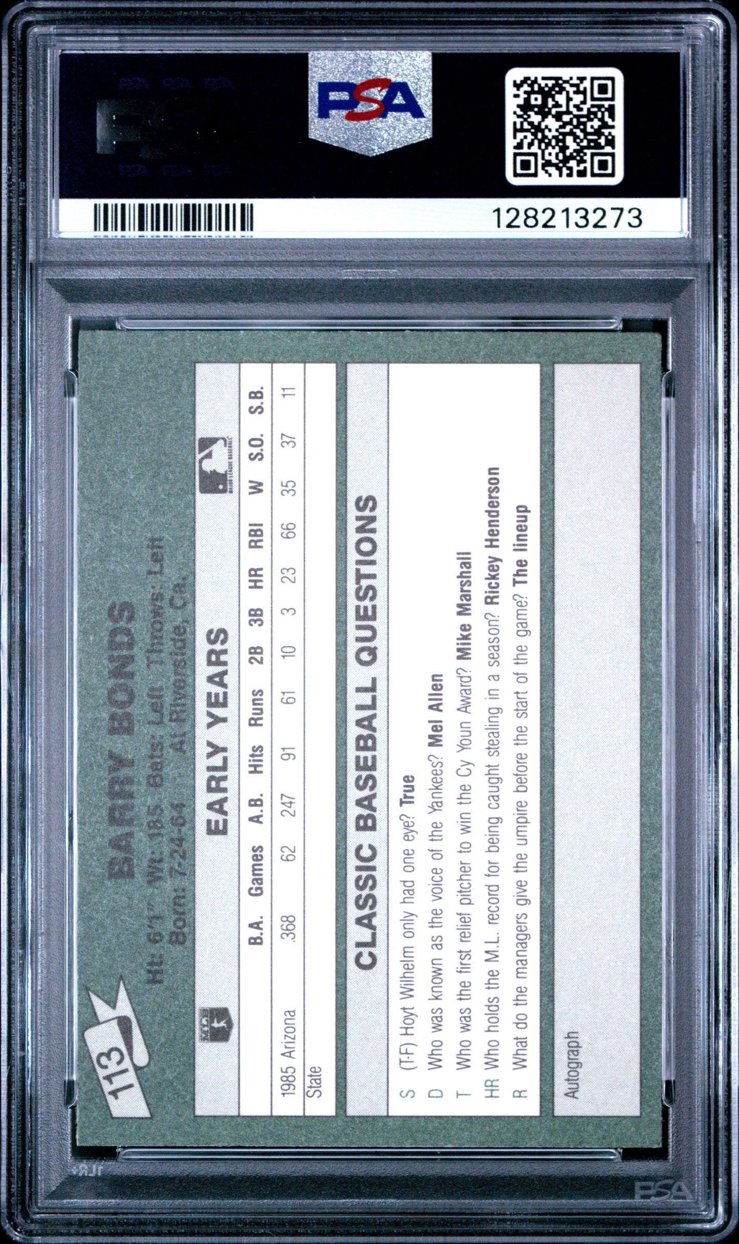 1987 CLASSIC TRAVEL UPDATE YELLOW 113 BARRY BONDS GREEN BACK - NEAR MINT 7