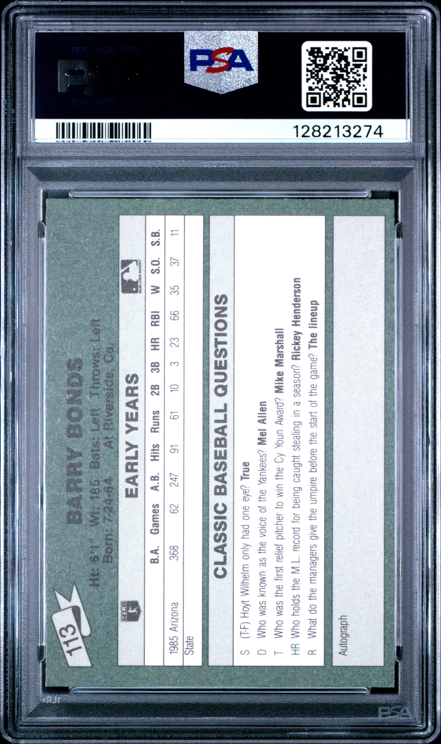 1987 CLASSIC TRAVEL UPDATE YELLOW 113 BARRY BONDS GREEN BACK - MINT 9