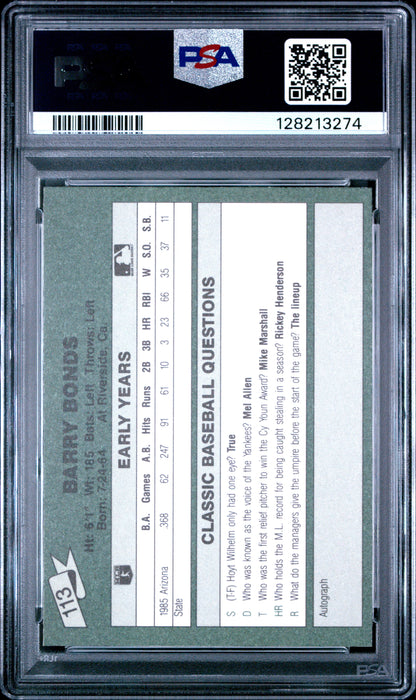 1987 CLASSIC TRAVEL UPDATE YELLOW 113 BARRY BONDS GREEN BACK - MINT 9