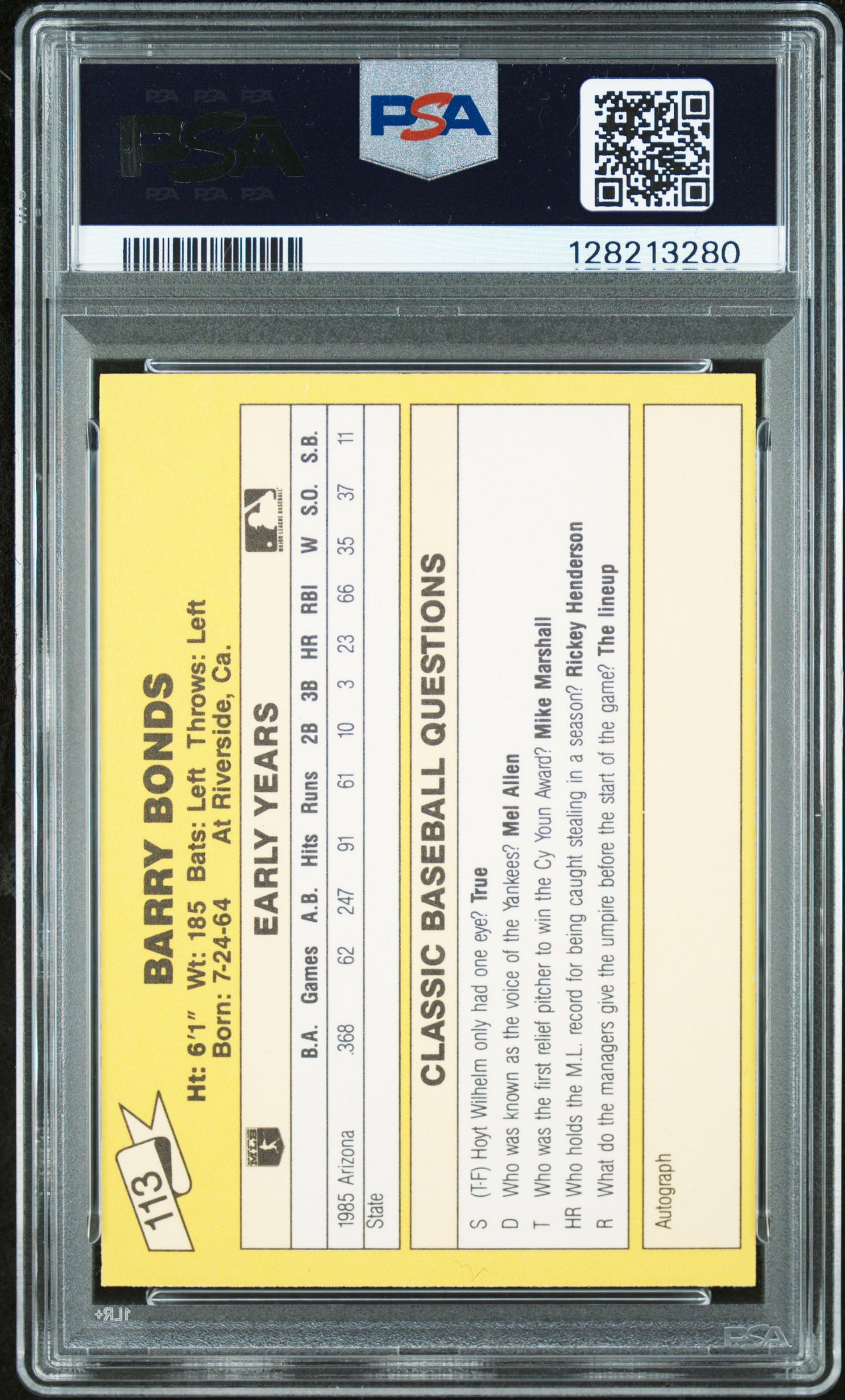 1987 CLASSIC TRAVEL UPDATE YELLOW 113 BARRY BONDS YELLOW BACK - MINT 9