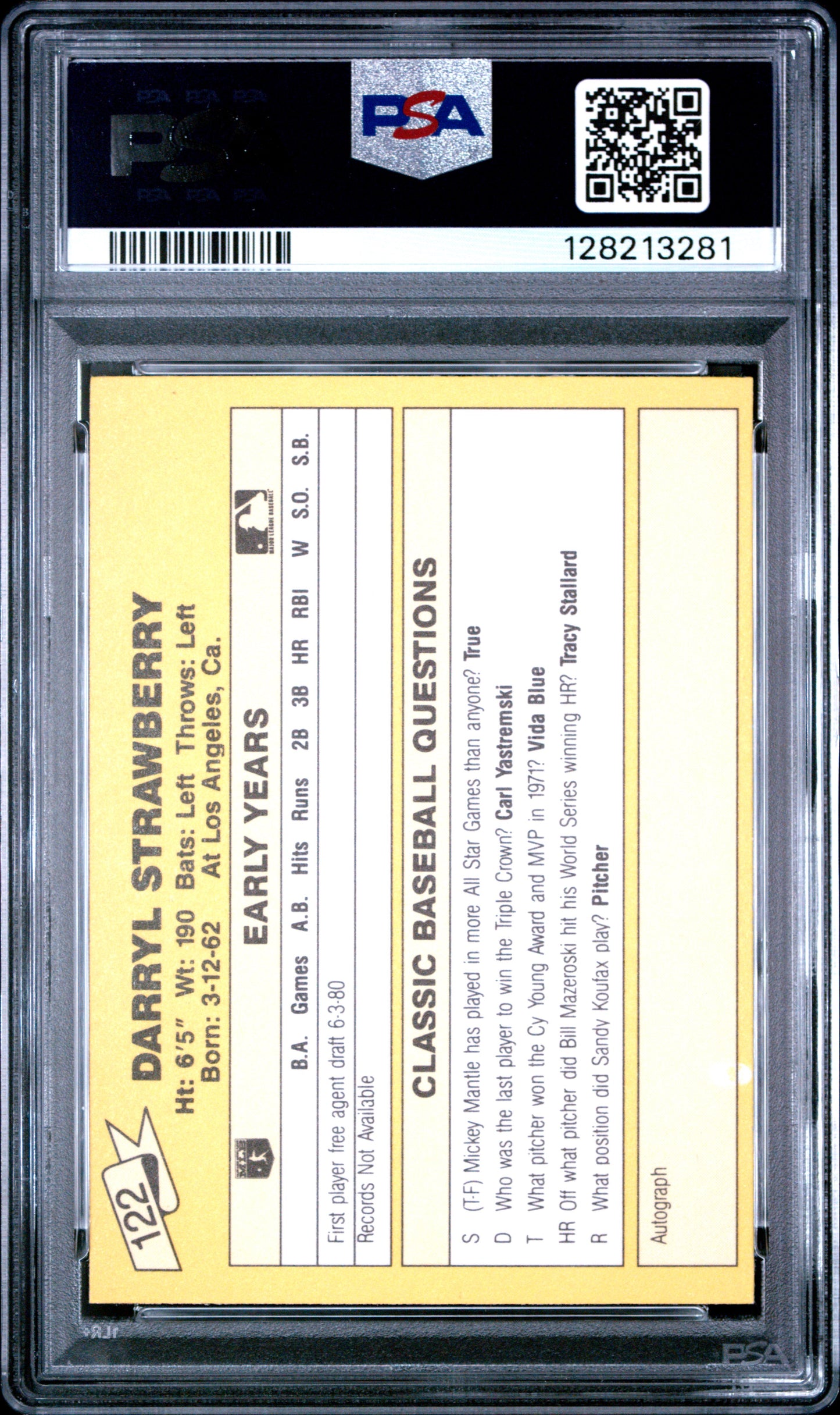 1987 CLASSIC TRAVEL UPDATE YELLOW 122 DARRYL STRAWBERRY YELLOW BACK - GEM MINT 10