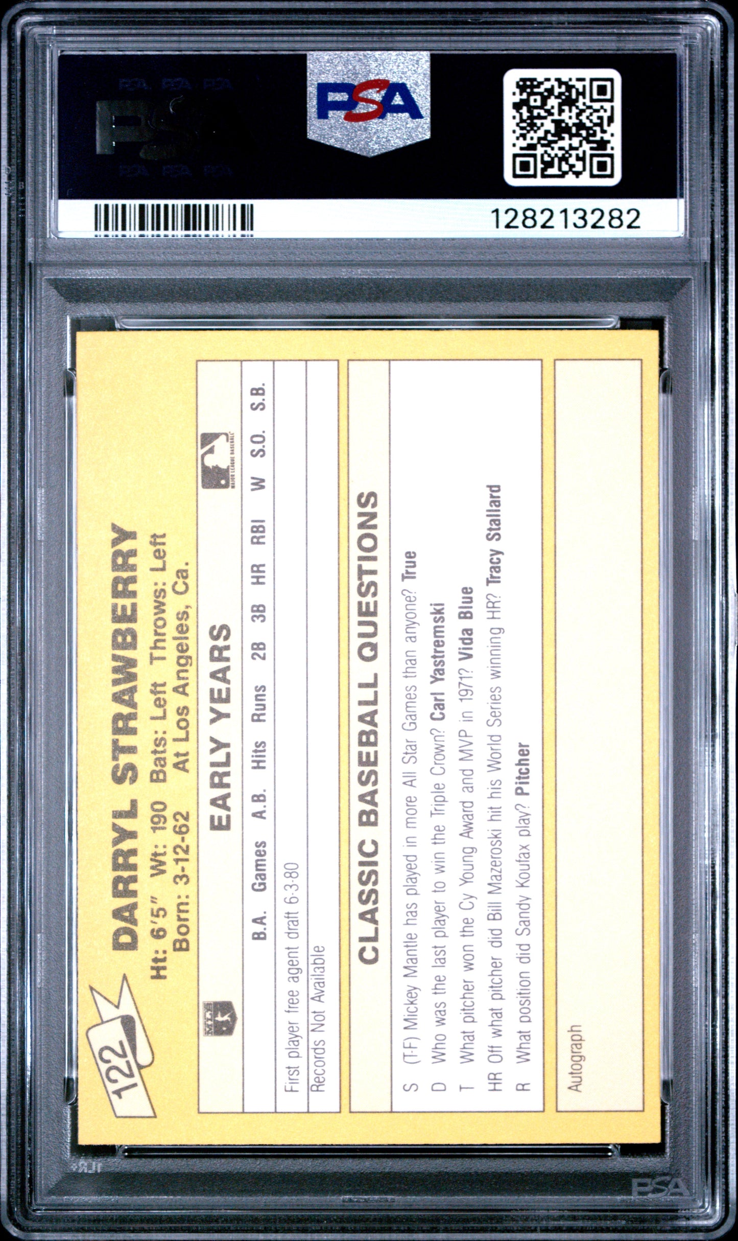 1987 CLASSIC TRAVEL UPDATE YELLOW 122 DARRYL STRAWBERRY YELLOW BACK - GEM MINT 10