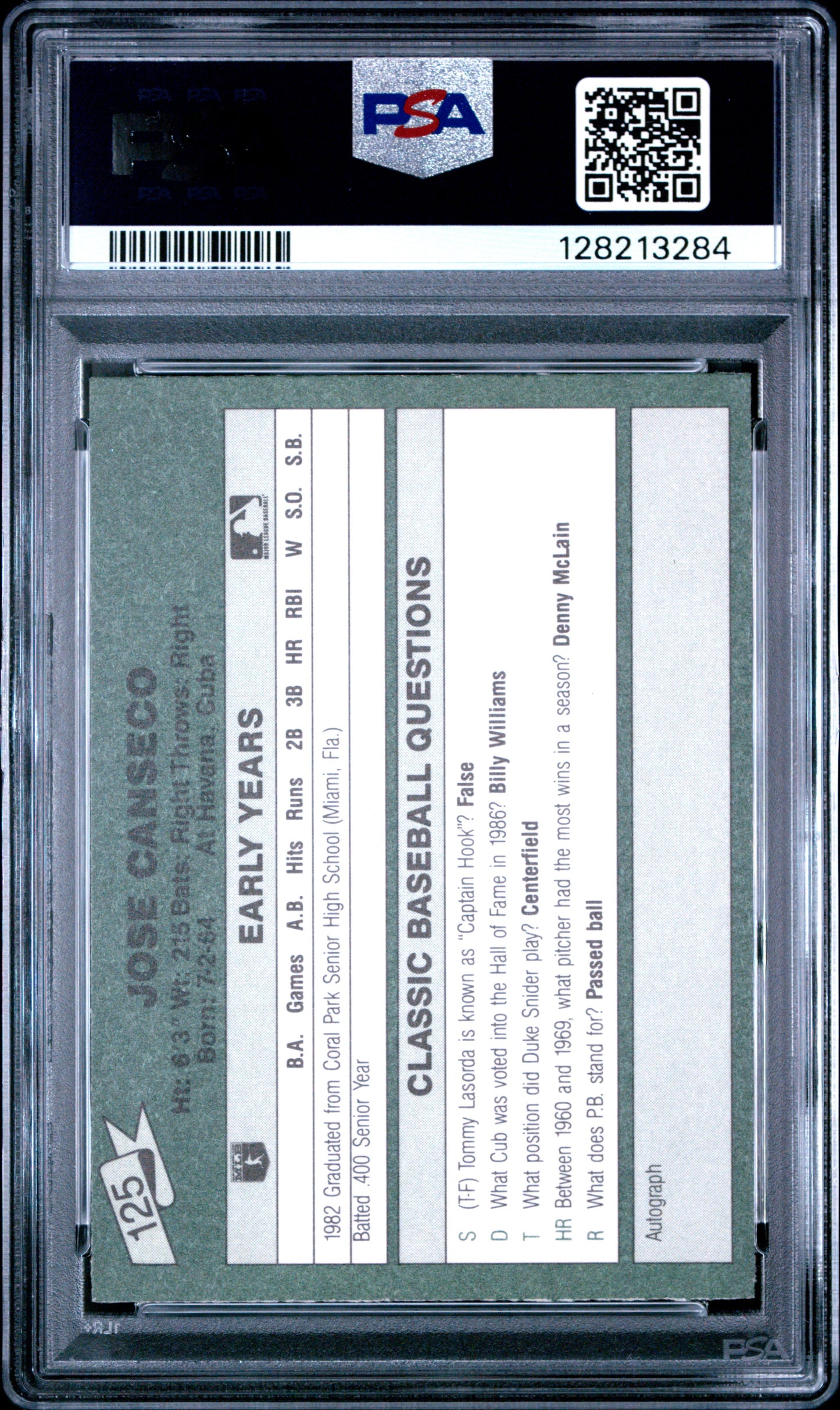 1987 CLASSIC TRAVEL UPDATE YELLOW 125 JOSE CANSECO GREEN BACK - NEAR MINT-MINT 8