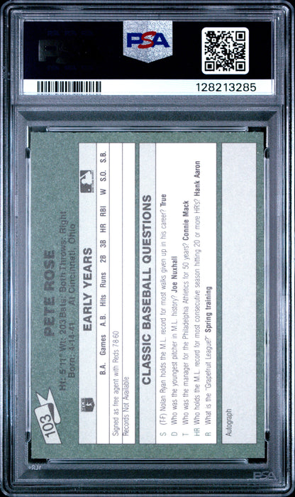 1987 CLASSIC TRAVEL UPDATE YELLOW 103 PETE ROSE GREEN BACK - GEM MINT 10