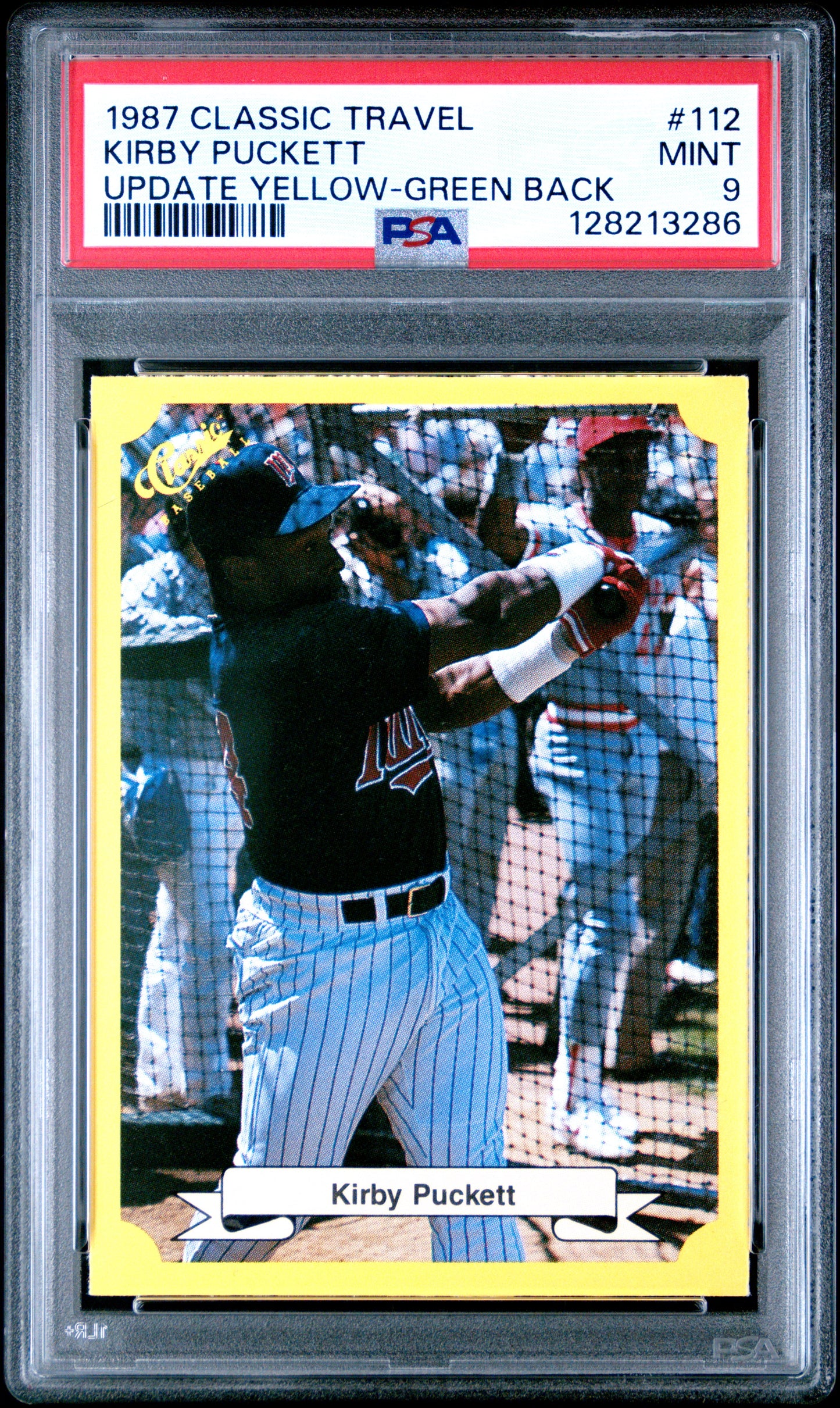 1987 CLASSIC TRAVEL UPDATE YELLOW 112 KIRBY PUCKETT GREEN BACK - MINT 9