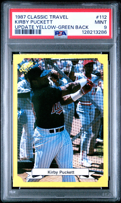 1987 CLASSIC TRAVEL UPDATE YELLOW 112 KIRBY PUCKETT GREEN BACK - MINT 9