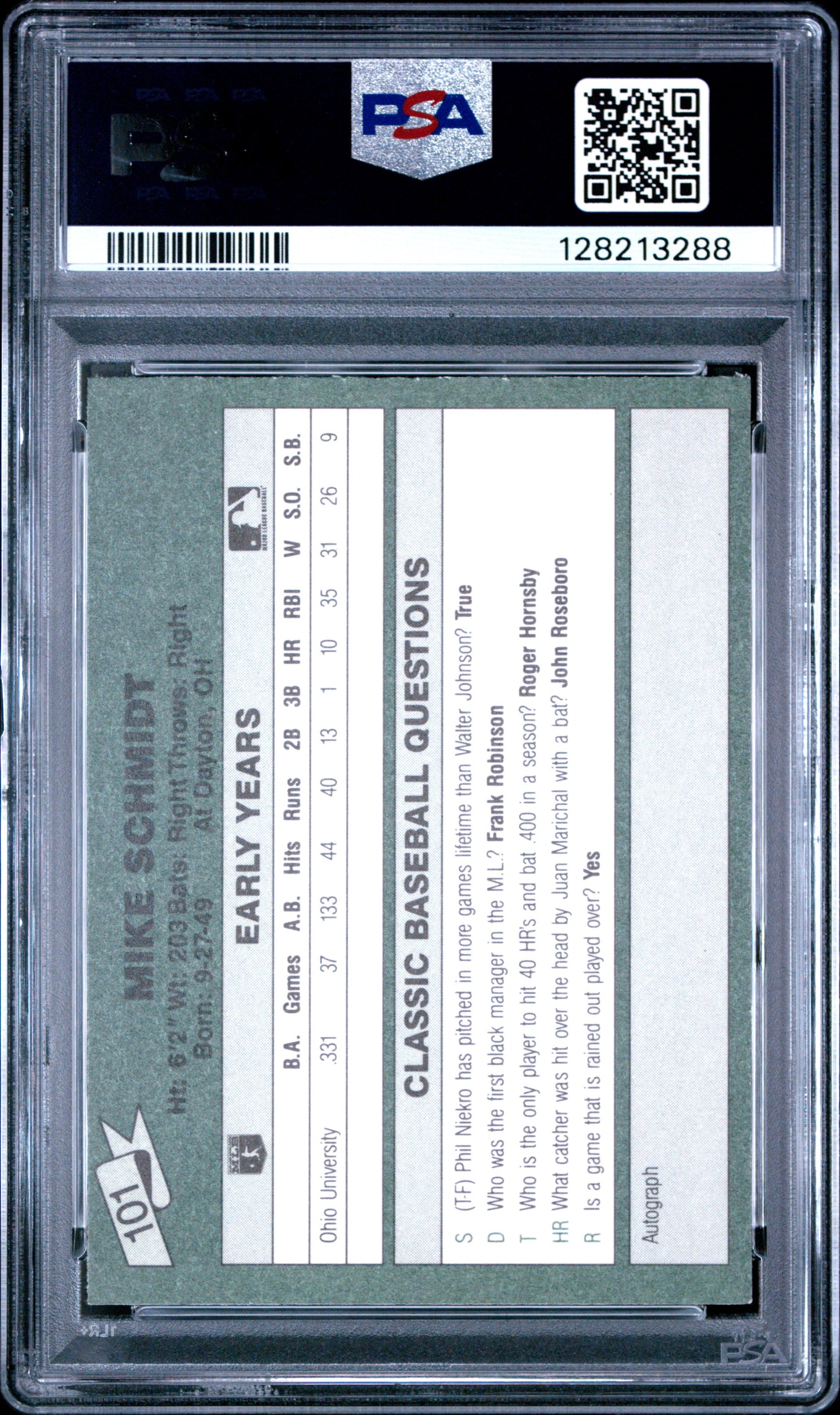 1987 CLASSIC TRAVEL UPDATE YELLOW 101 MIKE SCHMIDT GREEN BACK - MINT 9