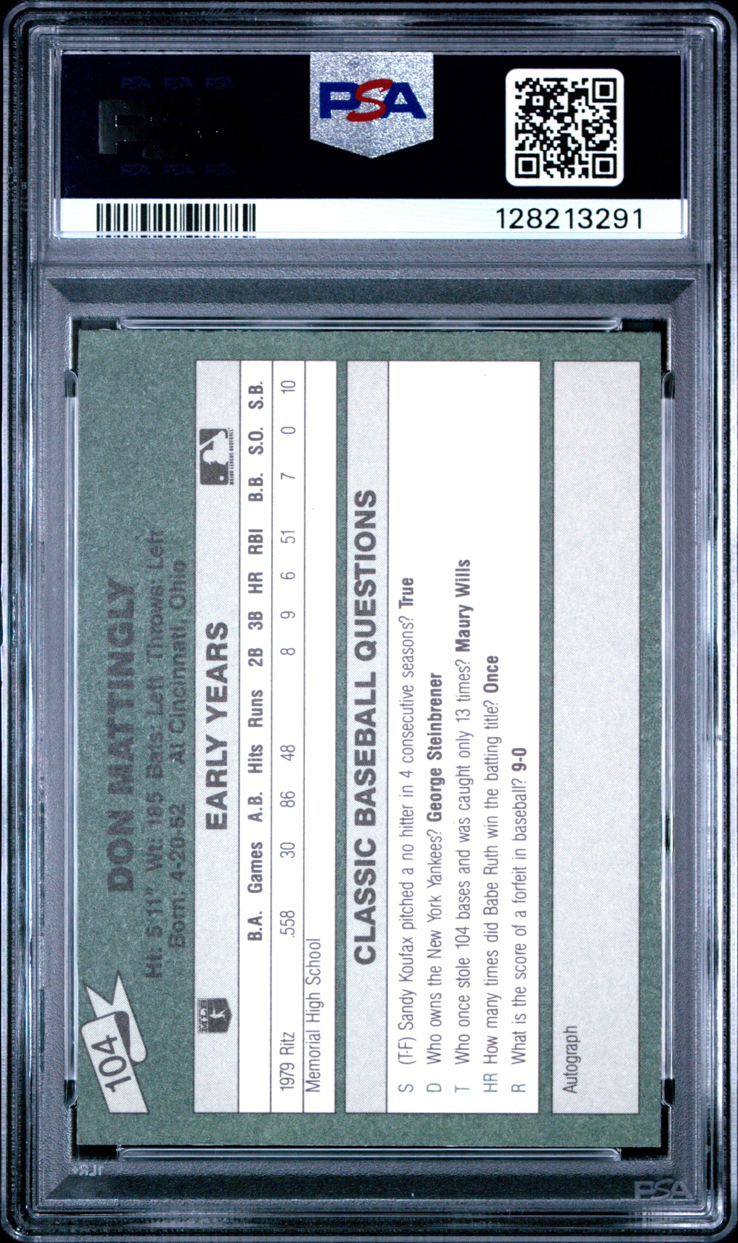 1987 CLASSIC TRAVEL UPDATE YELLOW 104 DON MATTINGLY GREEN BACK - MINT 9