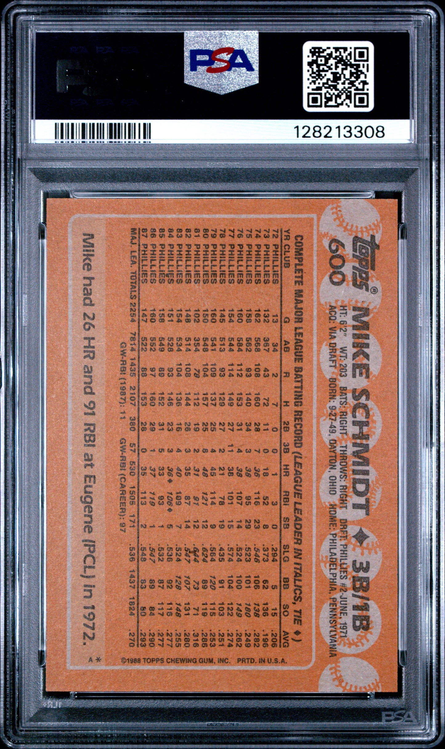 1988 TOPPS 600 MIKE SCHMIDT  - MINT 9