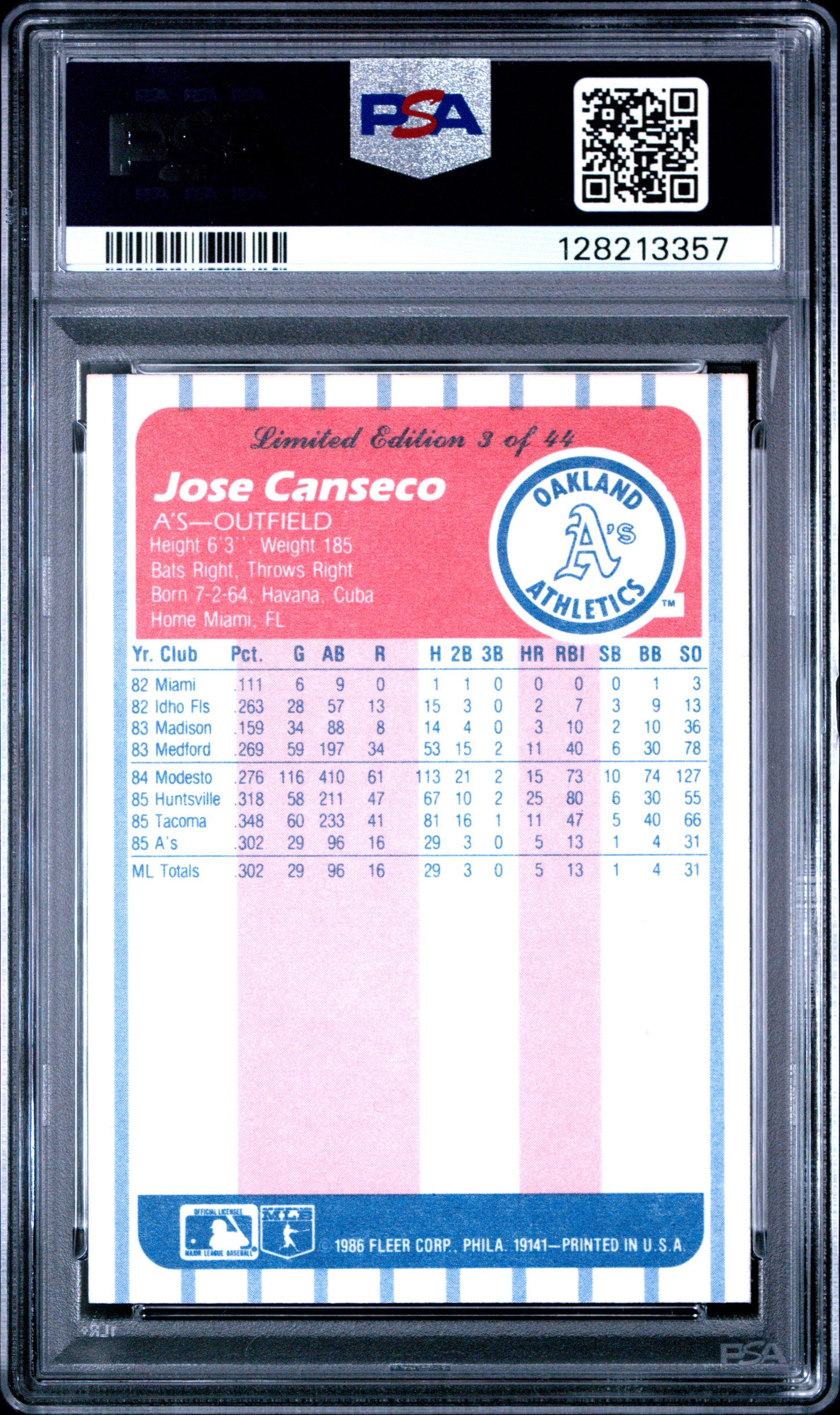 1986 FLEER LEAGUE LEADERS 3 JOSE CANSECO - MINT 9