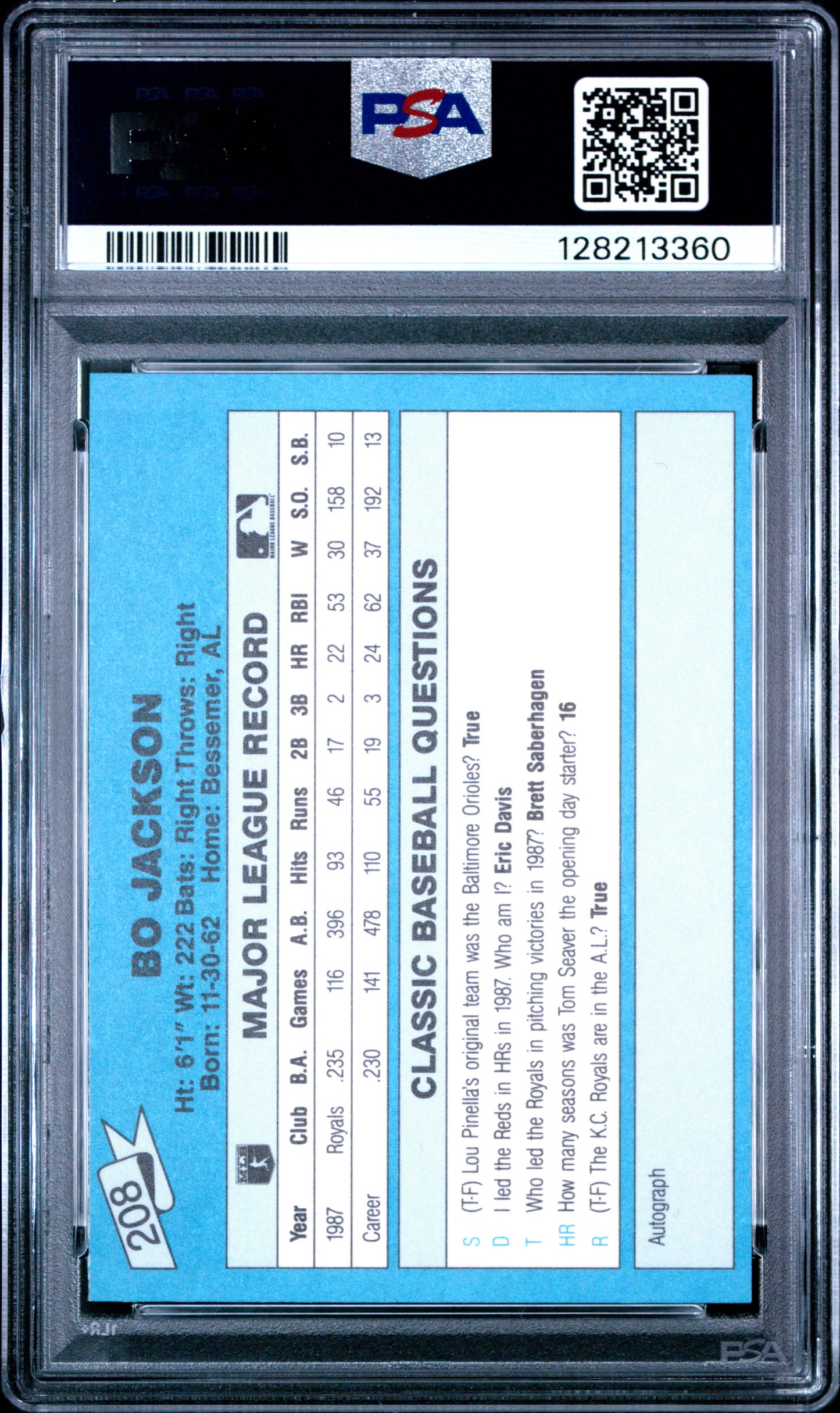 1988 CLASSIC TRAVEL UPDATE II 208 BO JACKSON BLUE - MINT 9