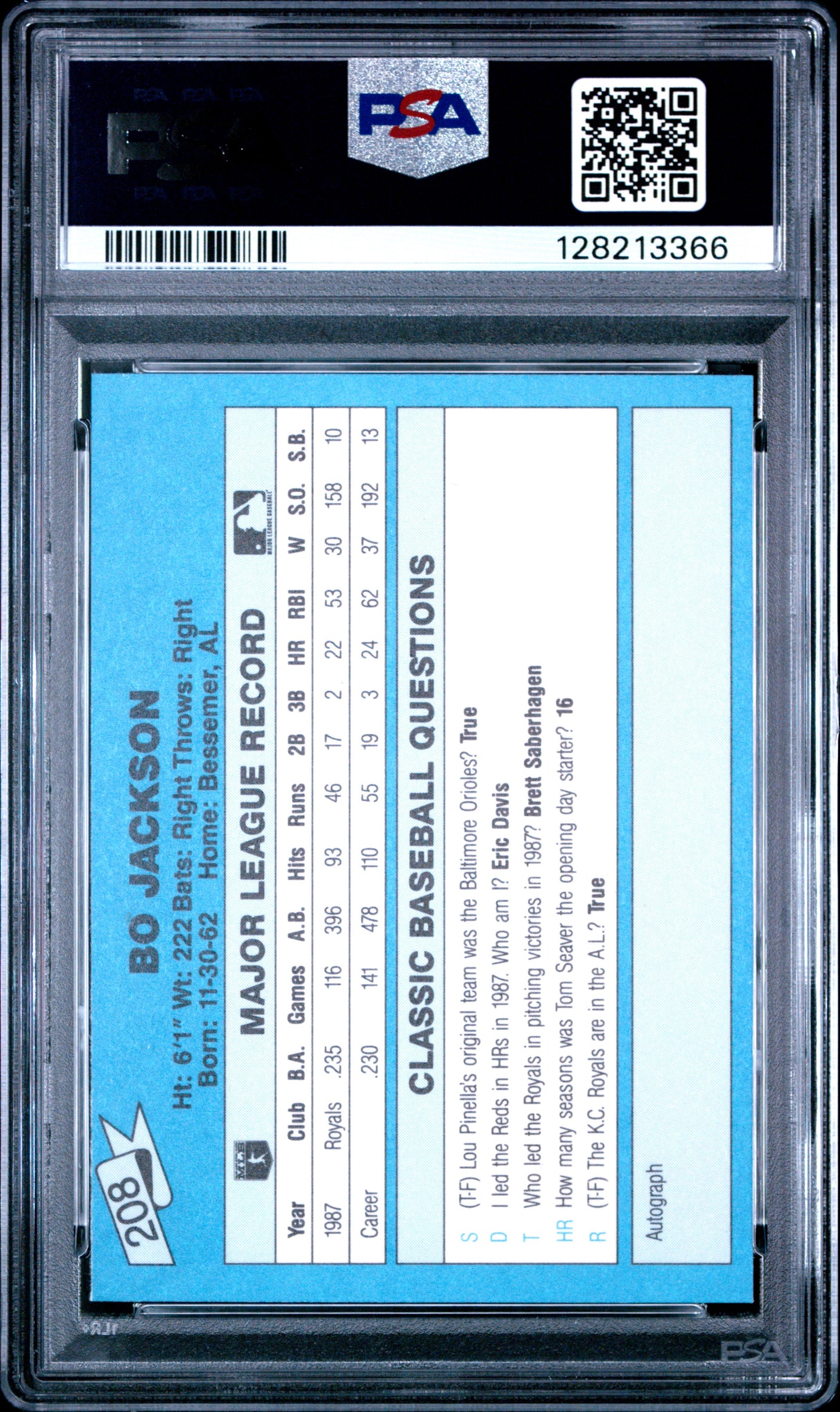 1988 CLASSIC TRAVEL UPDATE II 208 BO JACKSON BLUE - NEAR MINT-MINT+ 8.5