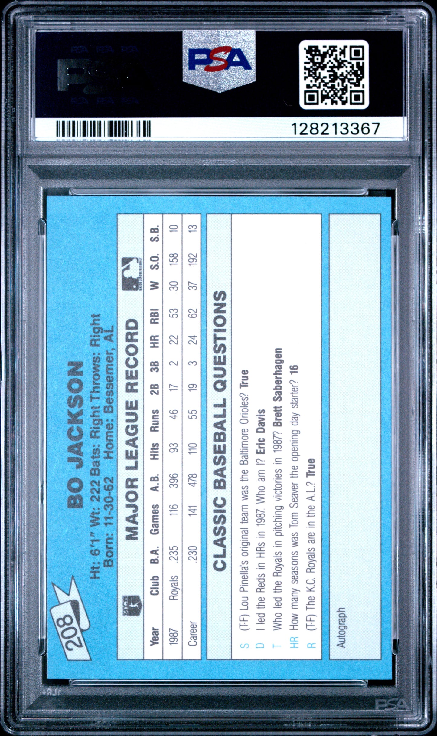 1988 CLASSIC TRAVEL UPDATE II 208 BO JACKSON BLUE - MINT 9