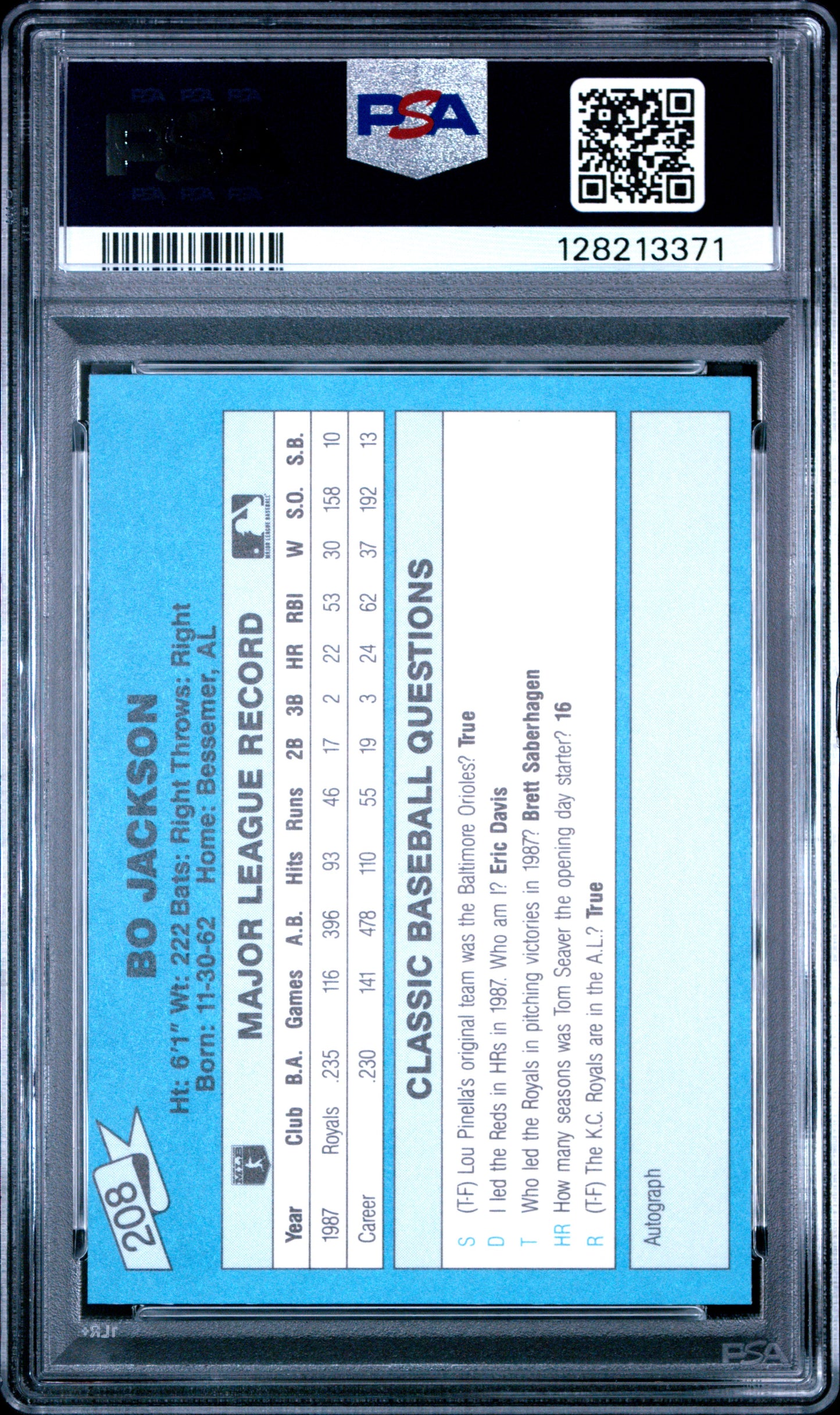 1988 CLASSIC TRAVEL UPDATE II 208 BO JACKSON BLUE - GEM MINT 10