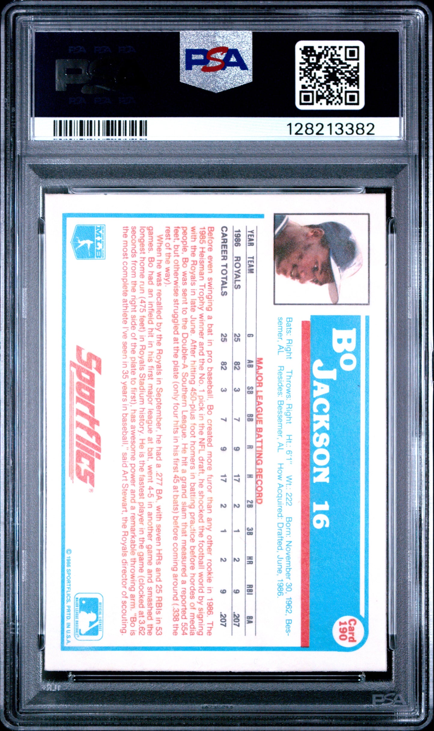 1987 SPORTFLICS 190 BO JACKSON 1986 COPYRIGHT - NEAR MINT-MINT 8