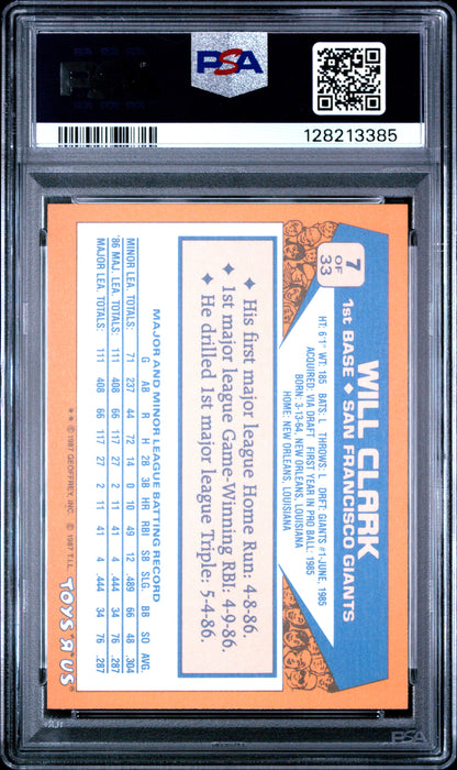 1987 TOYS R US ROOKIES 7 WILL CLARK  - GEM MINT 10