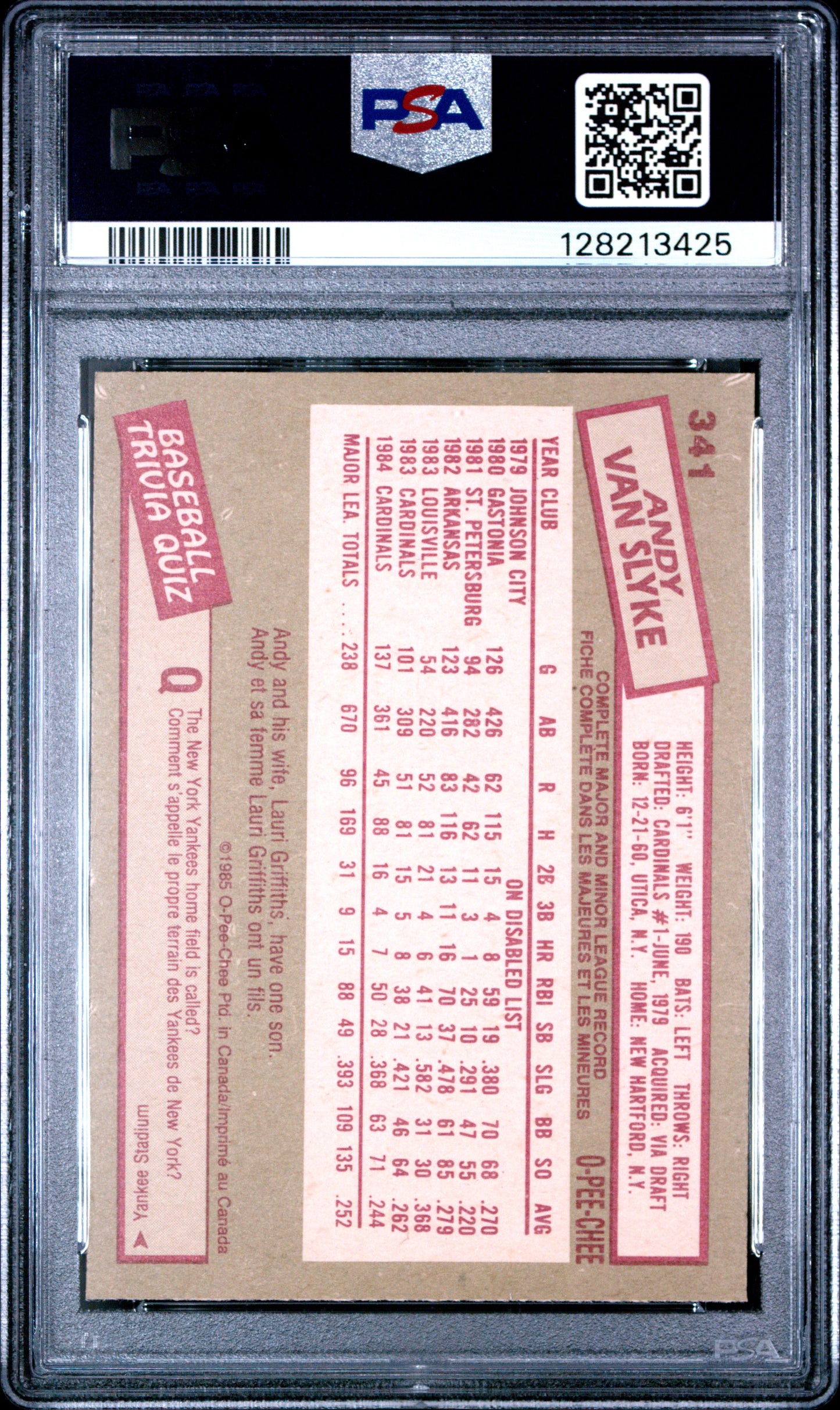 1985 O-PEE-CHEE 341 ANDY VAN SLYKE  - MINT 9