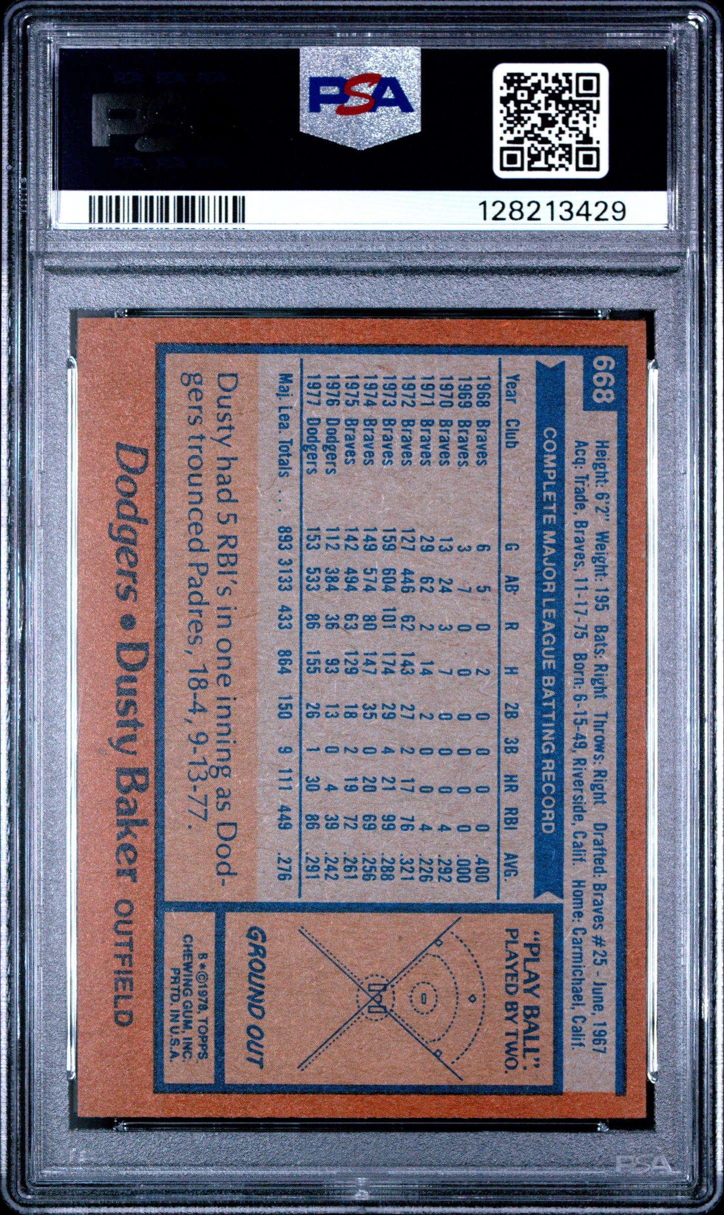 1978 TOPPS 668 DUSTY BAKER  - NEAR MINT-MINT 8