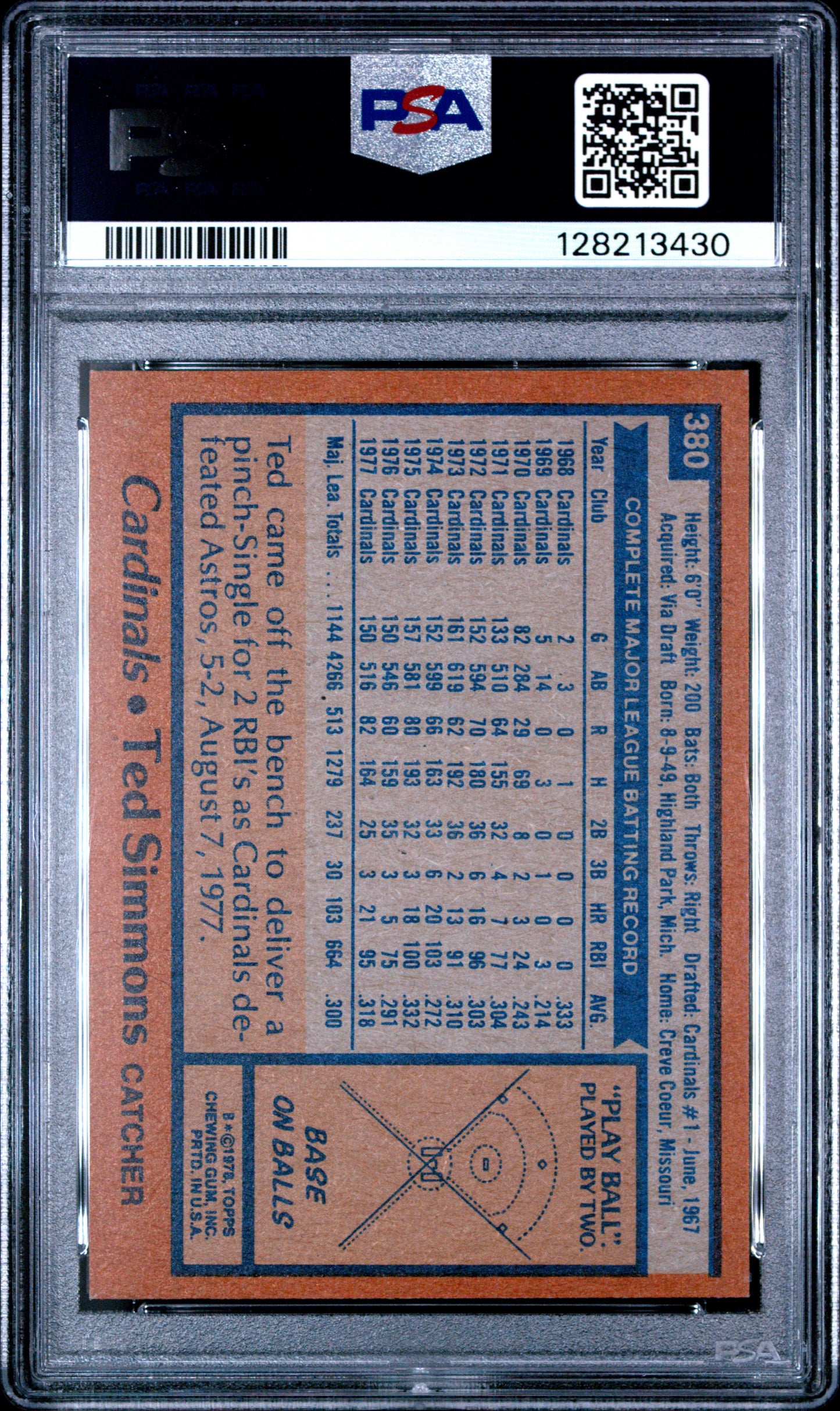 1978 TOPPS 380 TED SIMMONS  - MINT 9